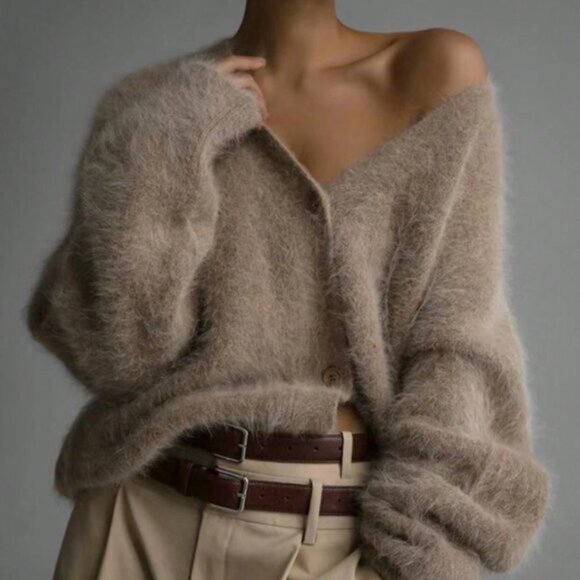 Sweaters - New V-Neck Mink Fur Sweater Coat For Women, Autumn/Winter 2025 New Loose Fuzzy